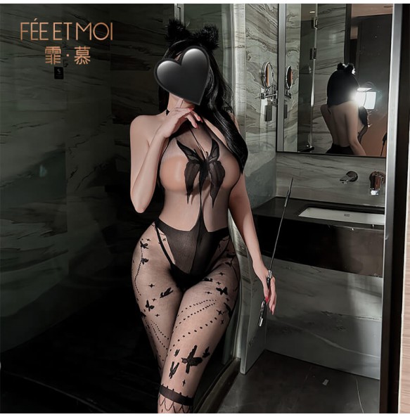 FEE ET MOI - Butterfly Halter Backless Open-Crotch Bodystocking (Black)